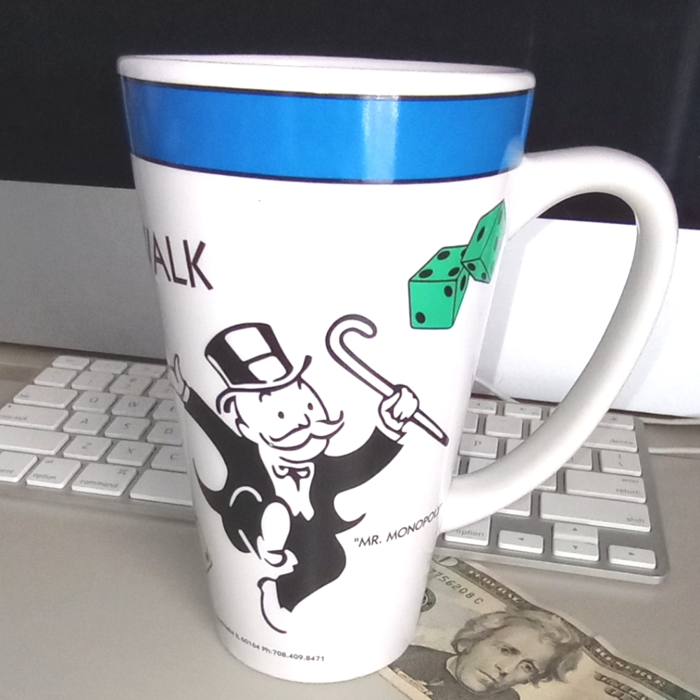 1999 Monopoly Boardwalk 6" Ceramic Coffee Mug Tea Cup Hasbro Board Game Vintage